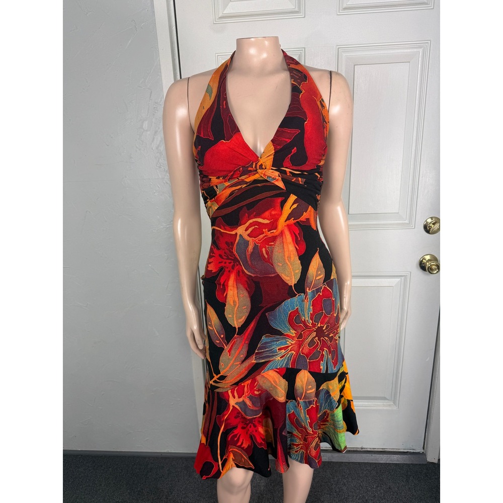 Vintage Y2K Cache Dress Party Halter Floral Tropical Bright  W3-23